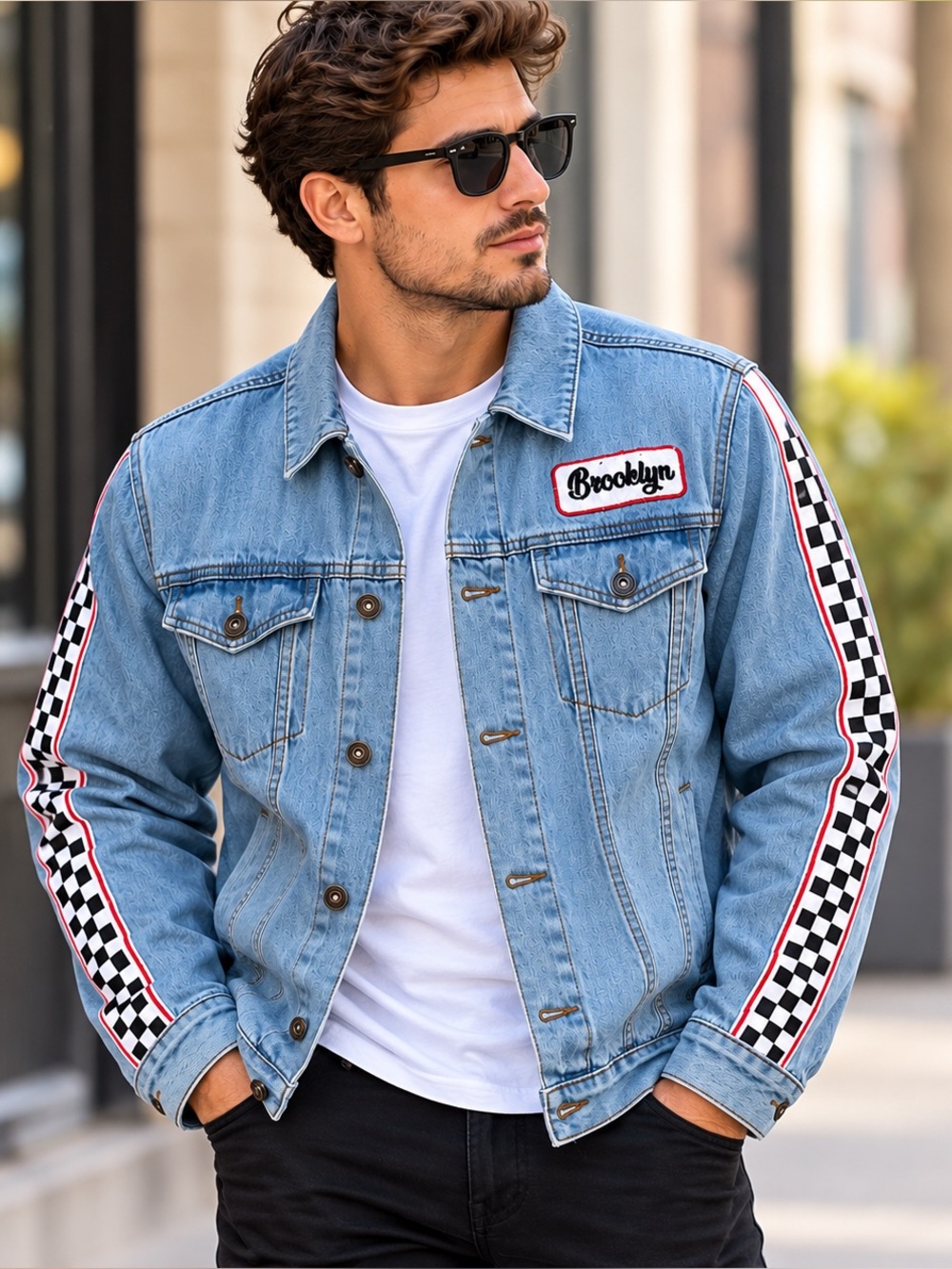 Brooklyn Cloth Light Blue Denim Jacket with Checker Stripe Sleeves